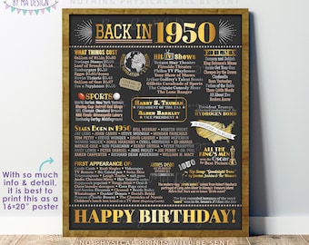 Back in 1950 Birthday Poster Board, Flashback to 1950 Birthday Decoration, ‘50 B-day Gift, PRINTABLE 16x20” Sign, Birthday Decor <ID>