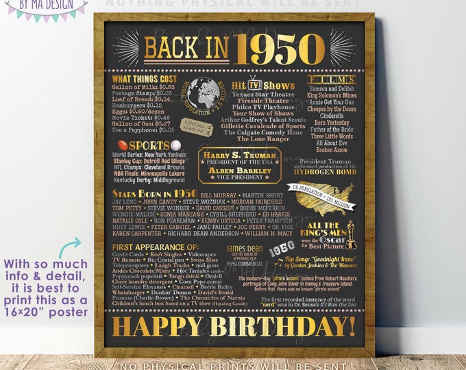 Back in 1950 Birthday Poster Board, Flashback to 1950 Birthday Decoration, ‘50 B-day Gift, PRINTABLE 16x20” Sign, Birthday Decor <ID>