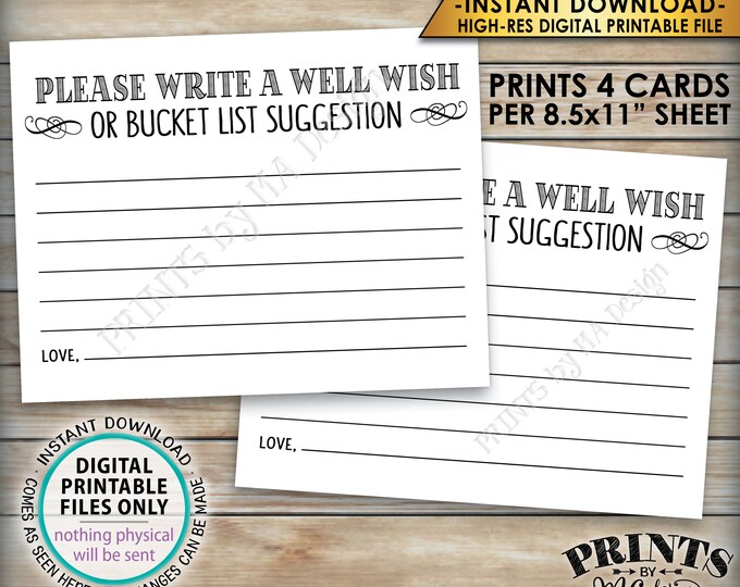 Well Wish Card, Bucket List Ideas, Please Write a Well Wish or Bucket List Suggestion, Four 4.25x5.5" Cards per 8.5x11" PRINTABLE Sheet <ID>