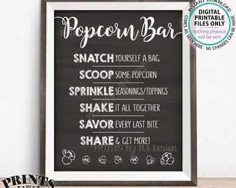 Popcorn Bar Sign, Popcorn Toppings, Directions, Graduation, Wedding, Birthday, Retirement, PRINTABLE 8x10/16x20” Chalkboard Style Sign <ID>