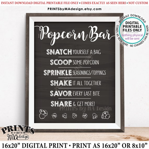 Popcorn Bar Sign Popcorn Toppings Directions Graduation Etsy