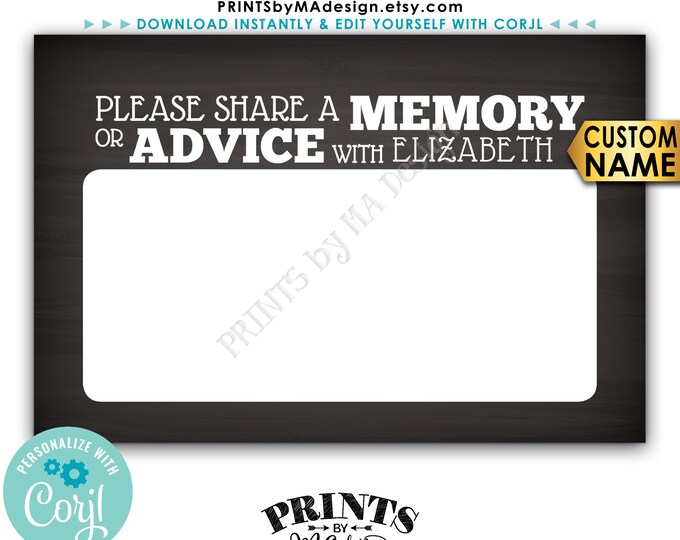 Memory or Advice Cards, Please Share a Memory or Advice, PRINTABLE Chalkboard Style 4x6” Digital File <Edit Yourself with Corjl>