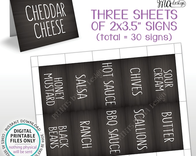Baked Potato Bar Labels, Mini Menu Toppings Signs, PRINTABLE 8.5x11” Sheet of Thirty 2"x3.5" Chalkboard Style Food Labels <ID>