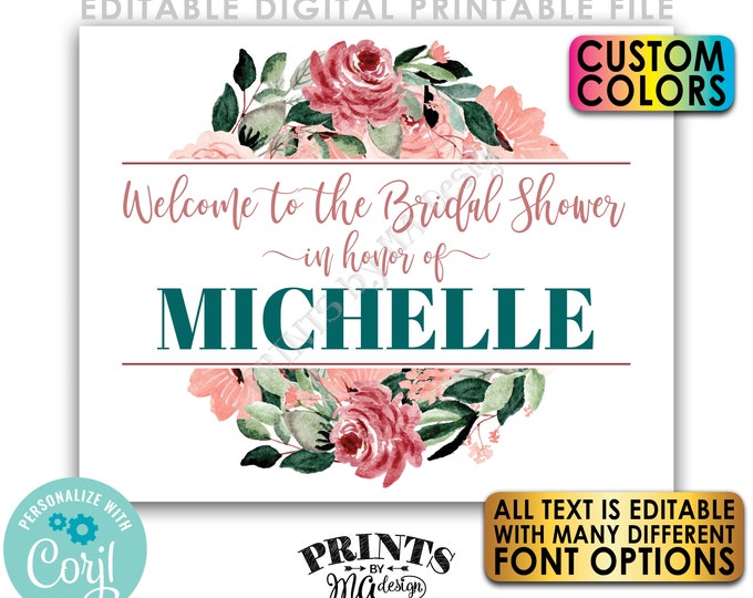 Editable Bridal Shower Welcome Sign, Rose Gold Blush Floral, Custom PRINTABLE 8x10/16x20” Editable Template <Edit Yourself w/Corjl>