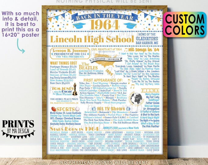 Back in the Year 1964 Poster Board, Flashback to 1964 Graduating Class, Class of 1964 Reunion Decoration, Custom PRINTABLE 16x20” Sign