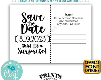 Save the Date Postcard for a SURPRISE Celebration, Back Side of Invitation, Custom PRINTABLE 5x7" Save the Date <Edit Yourself with Corjl>
