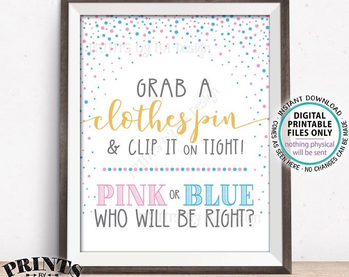 Gender Reveal Party Sign, Grab a Clothespin and Clip It On Tight, Pink or Blue, Boy or Girl, PRINTABLE 8x10/16x20" Confetti Sign <ID>