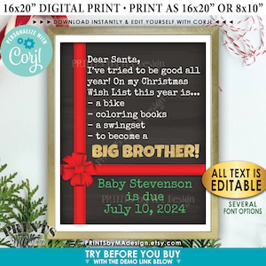 Kerst Zwangerschap Aankondiging, Beste Kerstman, Wens om een Big Brother Promotie te worden, Custom PRINTABLE Xmas Sign <Bewerk jezelf met Corjl>