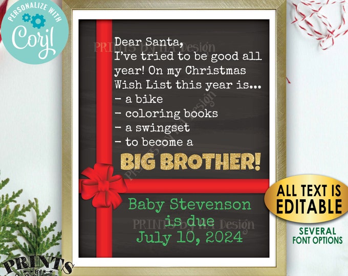 Christmas Pregnancy Announcement, Dear Santa, Wish to Become a Big Brother Promotion, Custom PRINTABLE Xmas Sign <Edit Yourself with Corjl>