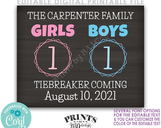 Tiebreaker Pregnancy Announcement, Baby Number 3, Boys vs Girls, PRINTABLE 8x10/16x20” Chalkboard Style Baby #3 Sign <Edit Yourself w/Corjl>