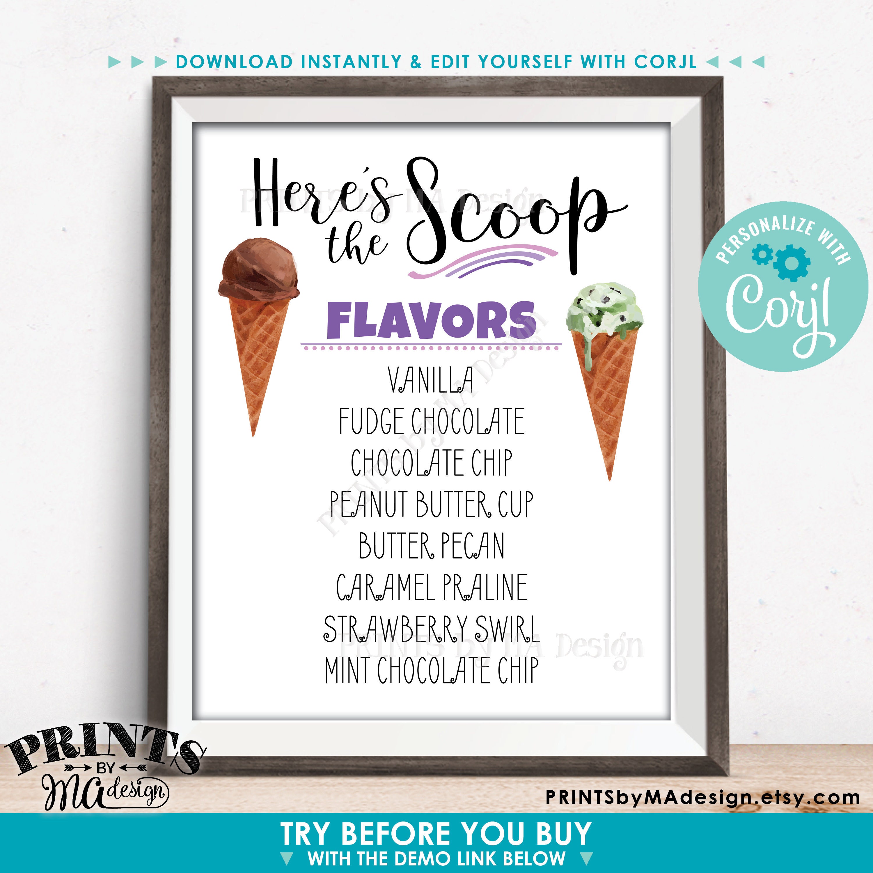 Ice Cream Flavors Sign, Here's the Scoop Ice Cream Bar, PRINTABLE 8x10