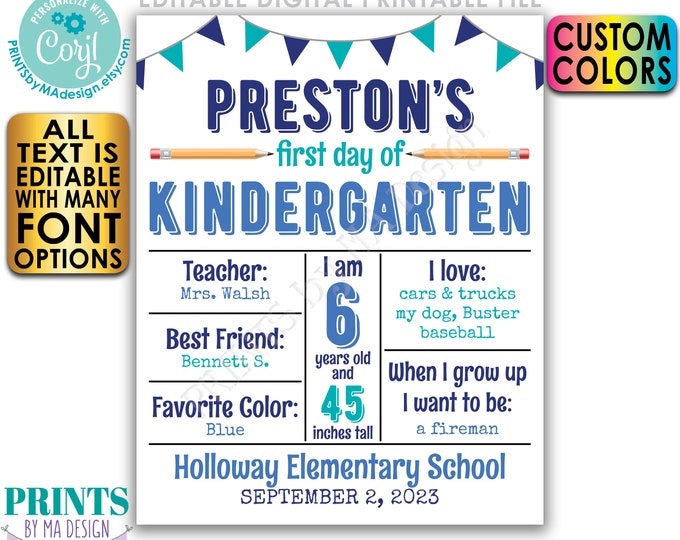 Editable 1st Day of School Sign, Custom First Day, PRINTABLE 8x10/16x20” Back to School Photo Prop, School Stats <Edit Yourself w/Corjl>