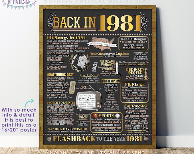 Back in 1981 Poster Board, Flashback to 1981, Remember 1981, USA History from 1981, PRINTABLE 16x20” Sign <ID>