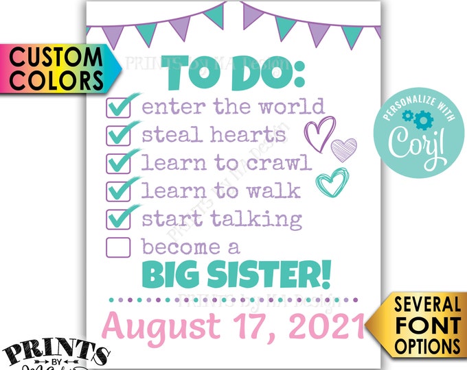 Big Sister To Do List Pregnancy Announcement, Baby Number 2 Checklist, PRINTABLE 8x10/16x20” Baby #2 Reveal Sign <Edit Yourself with Corjl>