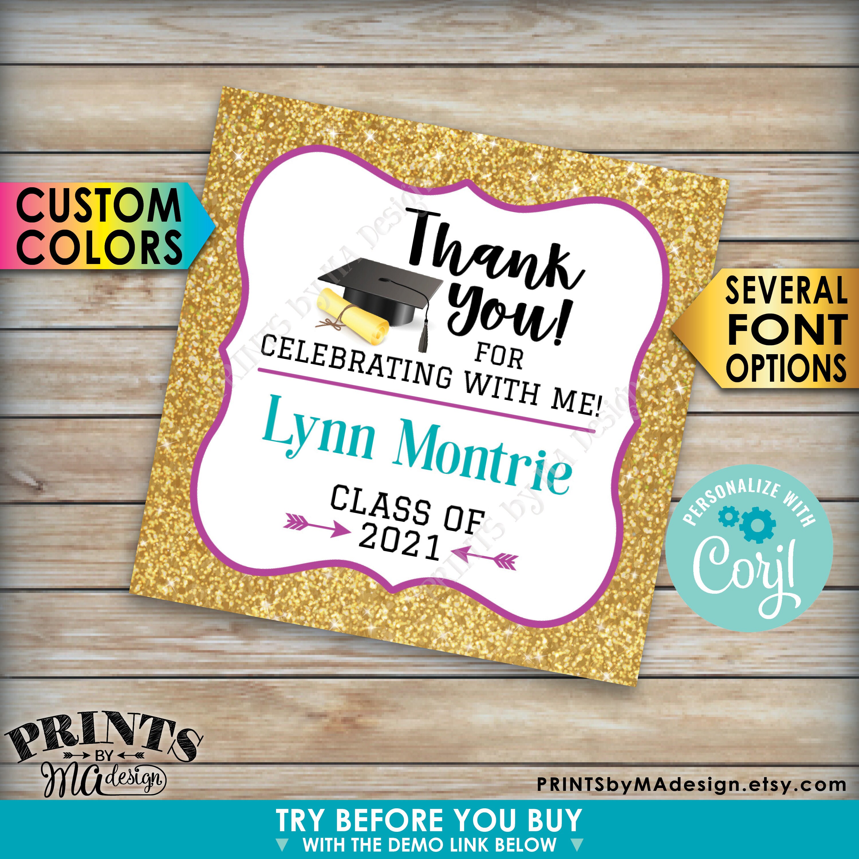 graduation thank you tags gold glitter grad party favors