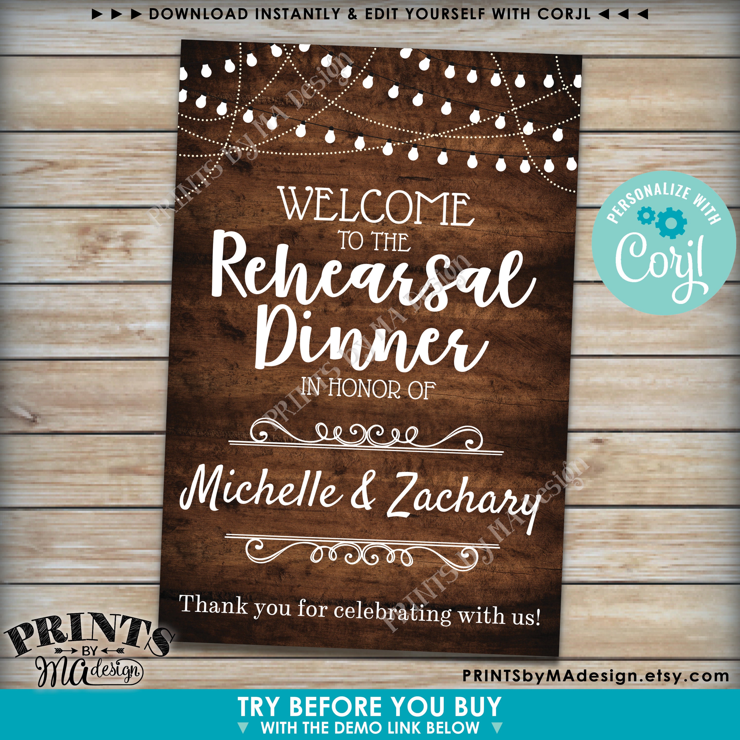 Welcome to the Rehearsal Dinner Sign, Custom PRINTABLE 24x36” Rustic Wood Style Rehearsal