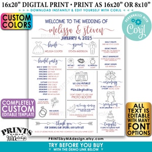 Infographic Wedding Program, Fun Editable Program, Customizable, Unique PRINTABLE 16x20” Sign &lt;Edit Yourself with Corjl&gt;