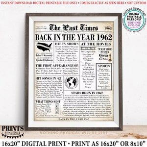 Flashback al giornale del 1962, Ritorno all'anno '62 Storia degli USA dal 1962 Decorazione per feste o regalo, cartello STAMPABILE 16x20", vecchia carta di giornale <ID>