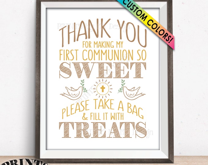 Thank You for Making My First Communion so Sweet Please take a Bag and Fill it with Treats, Party Favors, PRINTABLE 8x10” Candy Bar Sign