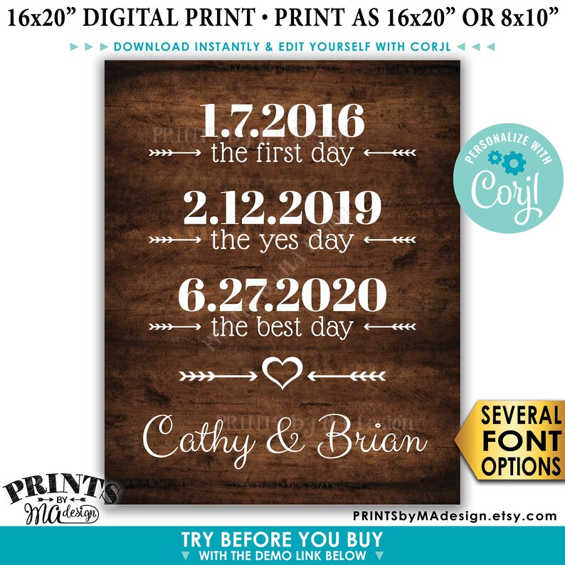 Puede incluir: Un cartel digital imprimible con un fondo de madera r&uacute;stica que presenta tres fechas con texto: "1.7.2016 el primer d&iacute;a", "2.12.2019 el d&iacute;a del s&iacute;", y "6.27.2020 el mejor d&iacute;a".  Los nombres "Cathy & Brian" est&aacute;n en la parte inferior del cartel con un coraz&oacute;n y flechas.  El texto "PERSONALIZAR CON Coryl" est&aacute; en un c&iacute;rculo en la esquina superior derecha.  El texto "PRUEBA ANTES DE COMPRAR CON EL ENLACE DE DEMO A CONTINUACI&Oacute;N" est&aacute; en la parte inferior del cartel.