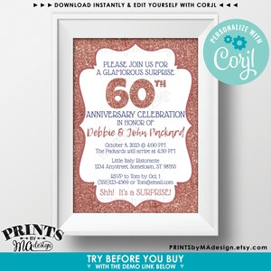 May include: A rose gold glitter invitation with a white frame. The invitation is for a 60th anniversary celebration for Debbie & John Packard. The event will be held on October 8, 2023 at 4:00 PM at Little Italy Ristorante. The text "Shh! It's a surprise!" is printed on the invitation.