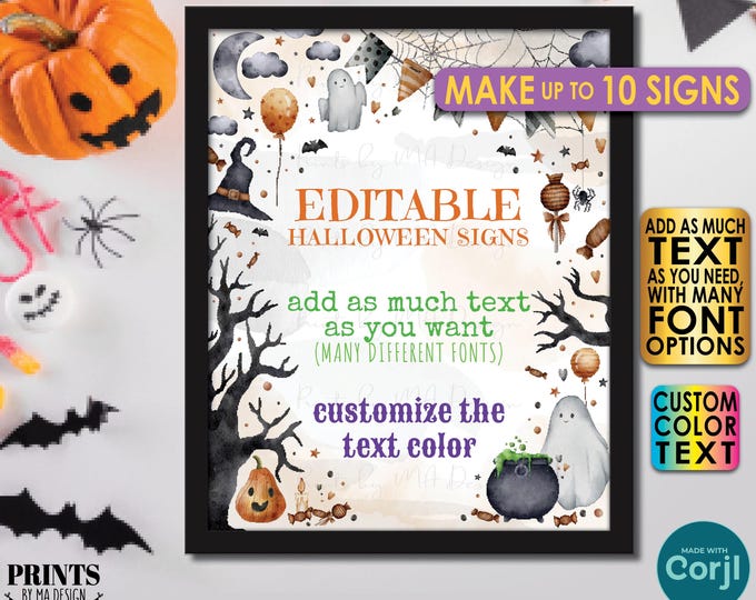 Editable Halloween Signs, Choose Your Text, Create 10 Custom Watercolor Style PRINTABLE 8x10/16x20” Portrait Signs <Edit Yourself w/Corjl>