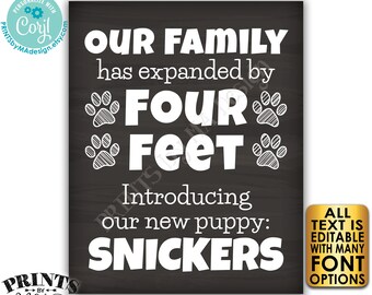 Editable Pet Sign, Introducing Our New Pet, Our Family has Expanded by Four Feet, PRINTABLE Chalkboard Style Sign <Edit Yourself w/Corjl>