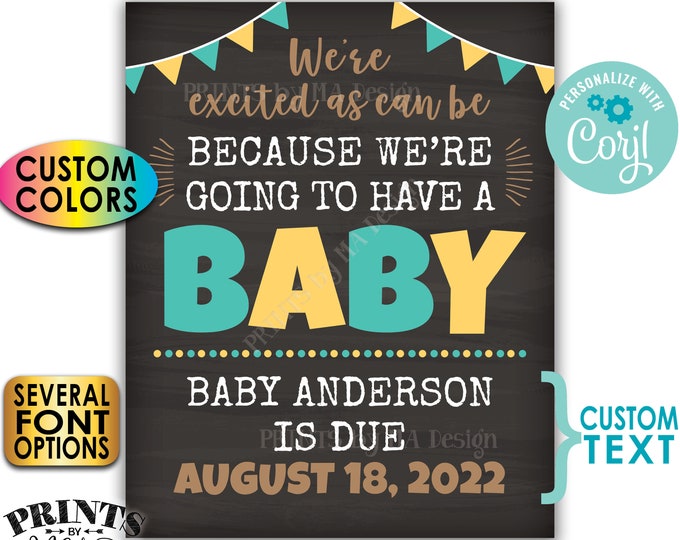 Excited as Can Be We're Going to Have a Baby Pregnancy Announcement, PRINTABLE Chalkboard Style Baby Reveal Sign <Edit Yourself with Corjl>