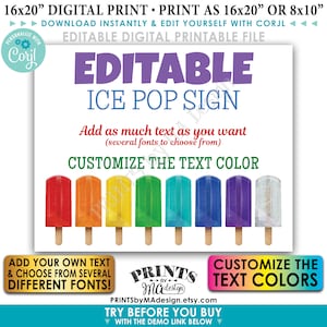 Editable Ice Pops Sign, Custom PRINTABLE 8x10/16x20 Landscape Sign, Frozen Treat Birthday Party, Choose Text Edit Yourself w/Corjl image 1