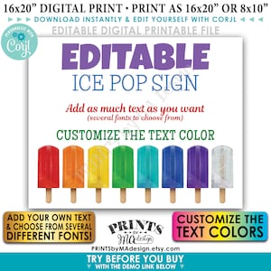 Editable Ice Pops Sign, Custom PRINTABLE 8x10/16x20” Landscape Sign, Frozen Treat Birthday Party, Choose Text &lt;Edit Yourself w/Corjl&gt;