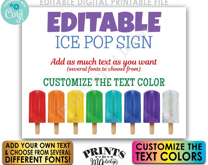 Editable Ice Pops Sign, Custom PRINTABLE 8x10/16x20” Landscape Sign, Frozen Treat Birthday Party, Choose Text <Edit Yourself w/Corjl>