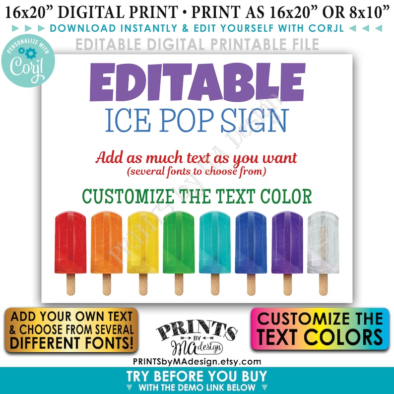 Editable Ice Pops Sign, Custom PRINTABLE 8x10/16x20 Landscape Sign, Frozen Treat Birthday Party, Choose Text Edit Yourself w/Corjl image 1