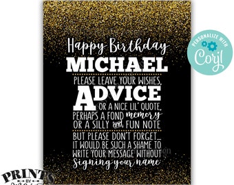 Please Leave Your Advice Wish Memory Message, Birthday Party PRINTABLE 8x10” Black & Gold Glitter B-day Sign <Edit Yourself with Corjl>