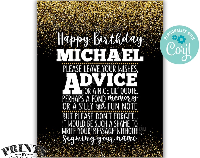 Please Leave Your Advice Wish Memory Message, Birthday Party PRINTABLE 8x10” Black & Gold Glitter B-day Sign <Edit Yourself with Corjl>
