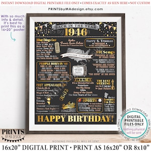 Letrero de cumpleaños de 1946, cartel retrospectivo de 1946, regalo de cumpleaños de 1946, decoración de cumpleaños, letrero IMPRIMIBLE de 16 x 20 pulgadas <ID>