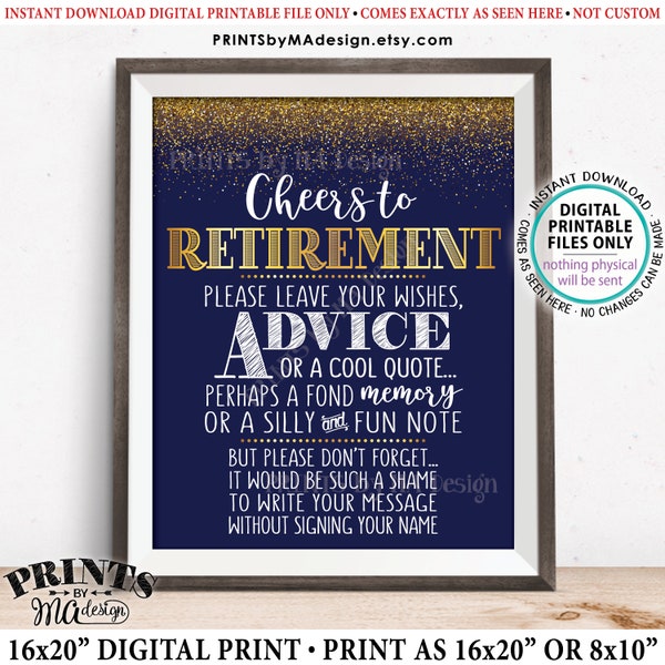 Cheers to Retirement Party Sign, Leave Your Wish Advice Memory for the Retiree Celebration, PRINTABLE 8x10/16x20" Navy Blue & Gold Sign <ID>