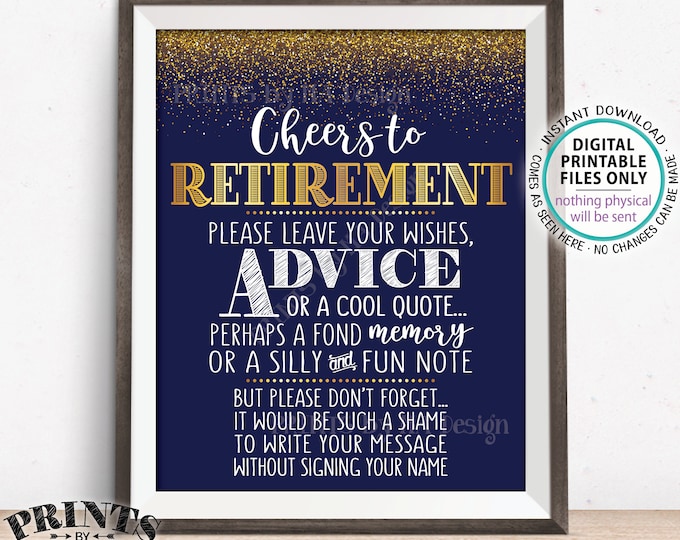 Cheers to Retirement Party Sign, Leave Your Wish Advice Memory for the Retiree Celebration, PRINTABLE 8x10/16x20" Navy Blue & Gold Sign <ID>