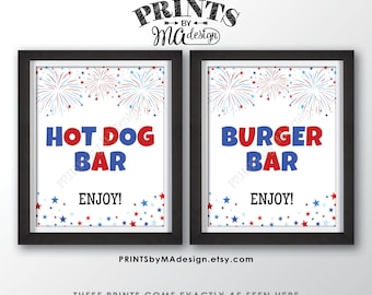Burger Bar & Hot Dog Bar Signs, 4th of July Patriotic Party Memorial Day BBQ Food, Fireworks, Two PRINTABLE 8x10/16x20” Signs <ID>