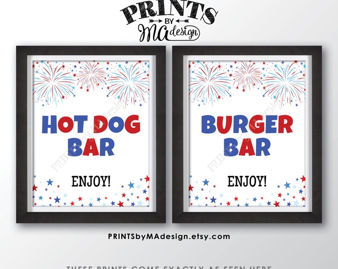 Burger Bar & Hot Dog Bar Signs, 4th of July Patriotic Party Memorial Day BBQ Food, Fireworks, Two PRINTABLE 8x10/16x20” Signs <ID>