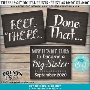 May include: Three 16x20 inch digital printable signs with chalkboard backgrounds and white text. The signs say "Been There...", "Done That...", and "Now it's my turn to become a Big Sister... September 2020".