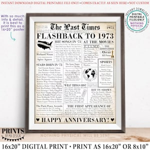 Flashback to 1973 Newspaper, Back in the Year '73 Gift, Anniversary Party Decoration, PRINTABLE 16x20” 1973 Wedding Sign, Old Newsprint <ID>