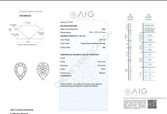 Pear Diamond AIG Certified 2.01 Carat Fancy Deep Brown Orange SI2 Natural Loose Diamond for Engagement Ring pear Diamond for Jewelry Etsy