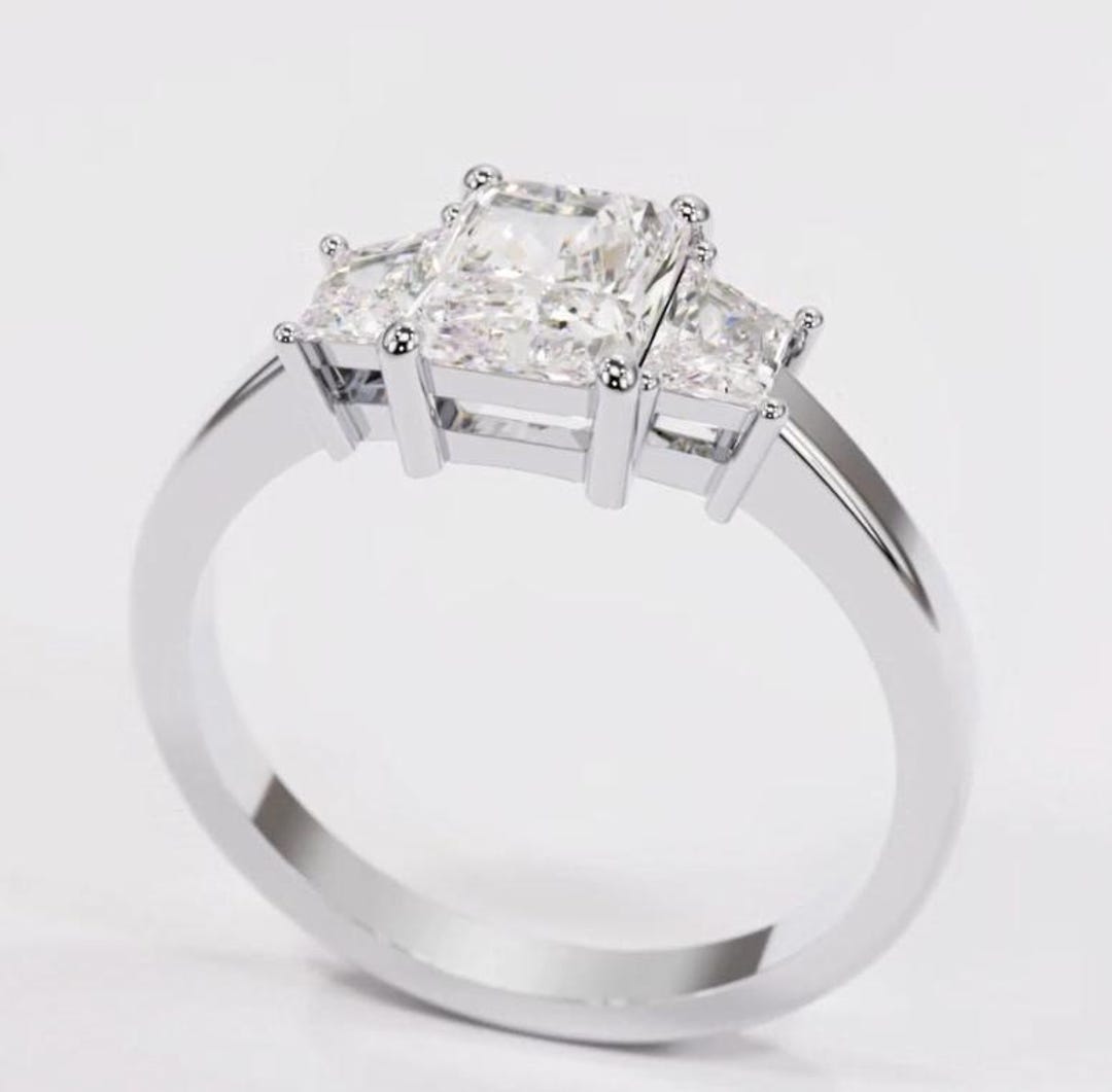 Lab Grown 3 Diamond Ring Radiant Cut 2 Carat E VS1 IGI Certified 2 Side ...
