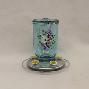 Glass Aqua Mason Jar Hummingbird feeder. 5 Feeding ports. Hand painted with my Original Vintage design, Holds 32 oz.