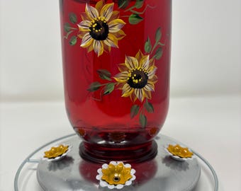 Comedero de cristal rojo para colibríes, pintado a mano con girasoles y hojas, 5 orificios de alimentación y una almohadilla de descanso.