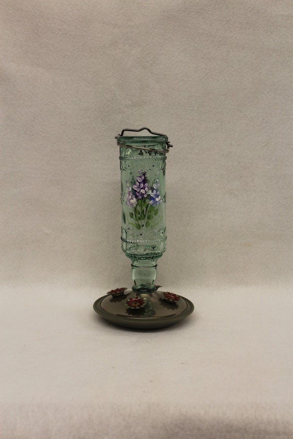 Small Green Humming bird Feeder, Hand painted with Lilacs and leaves, 4 feeding ports
