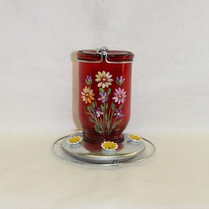Hand Painted Red Mason Jar Hummingbird Feeder, Gerber Daisies