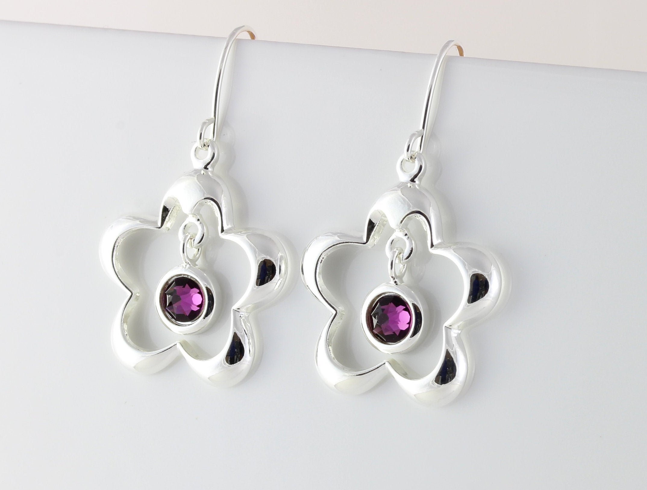 February Birthstone Swarovski Amethyst Crystal Flower Drop Earrings