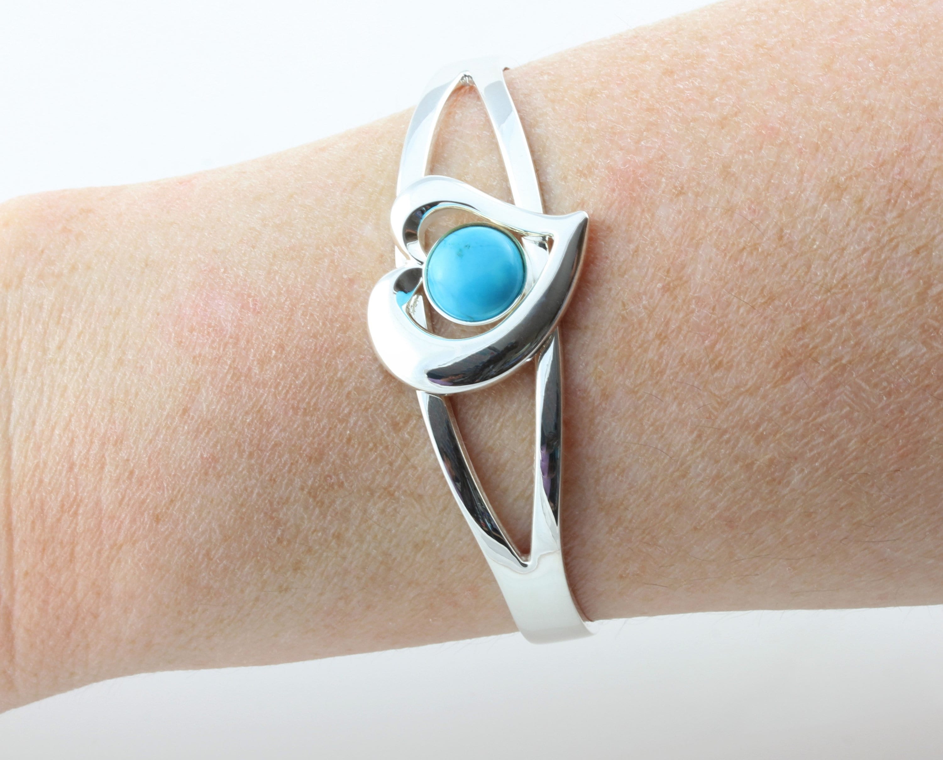 December Birthstone Natural Turquoise Adjustable/Expandable Cabochon Heart Cuff Bangle