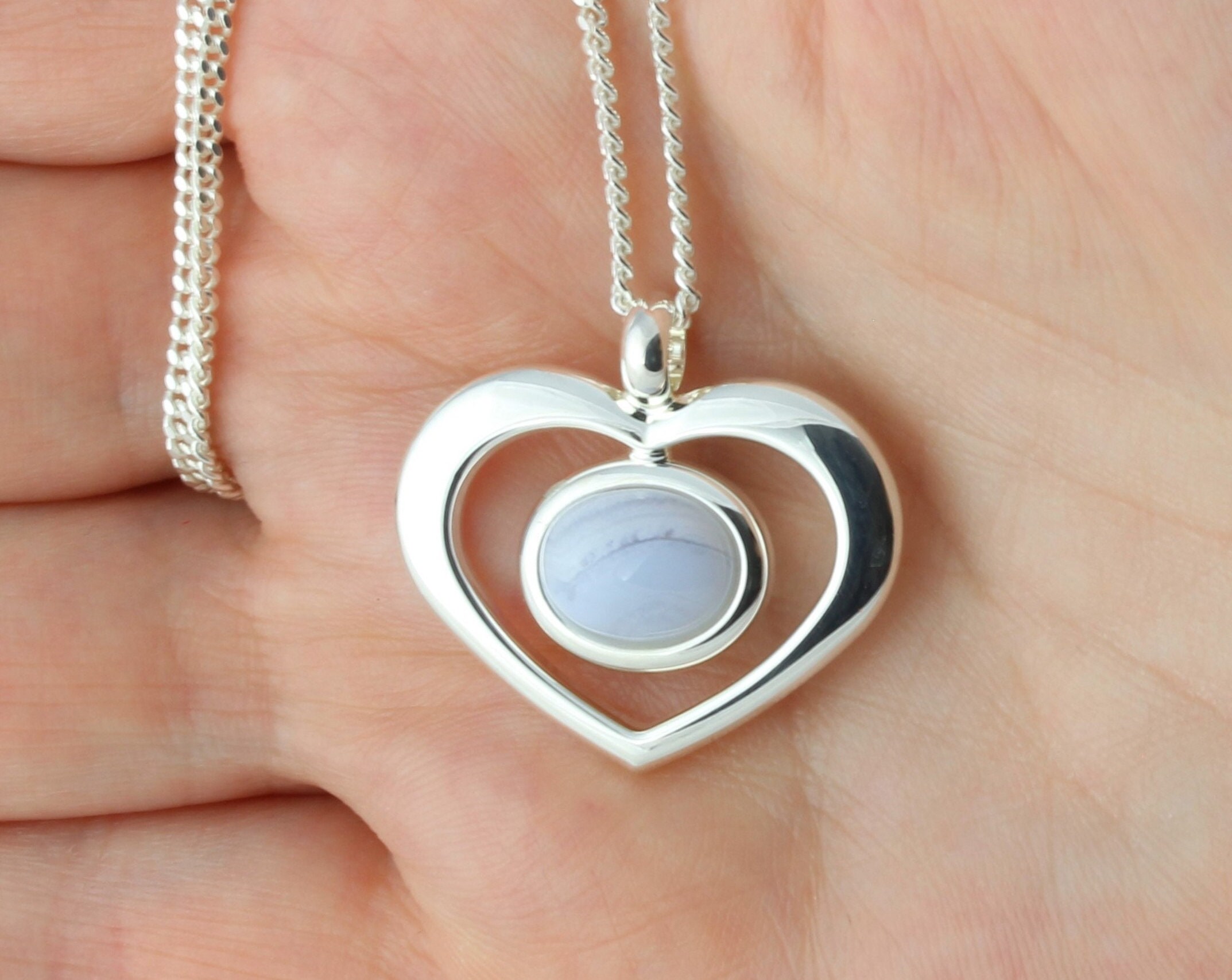 Natural Blue Lace Agate Gemstone Cabochon Heart Pendant